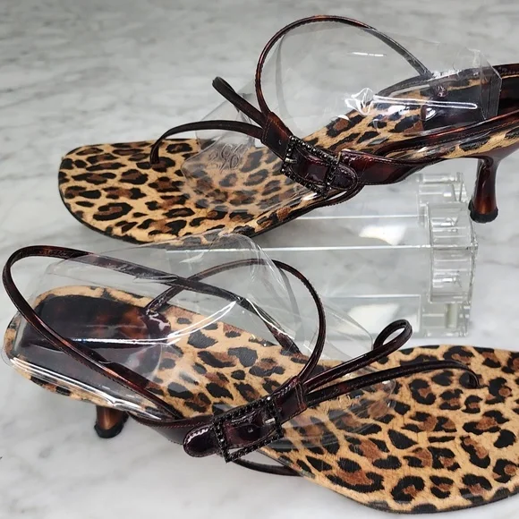Stuart Weitzman Kitten Heel Sandals Strappy Thong Animal Print Brown Slingback 9 - Picture 13 of 15